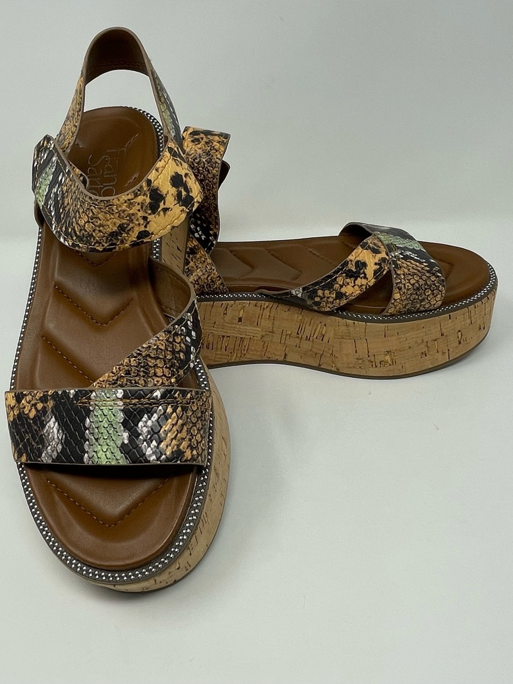 Franco Sarto Women's Ozio Platform Sandals Size 8M Brown Snake Cork Chunky